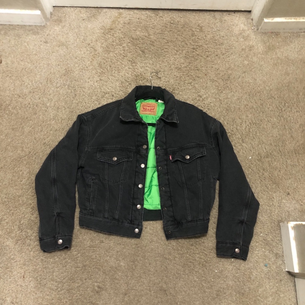 Levi's Black Jean Jacket with Green Lining Size Small - Picture 2 of 9